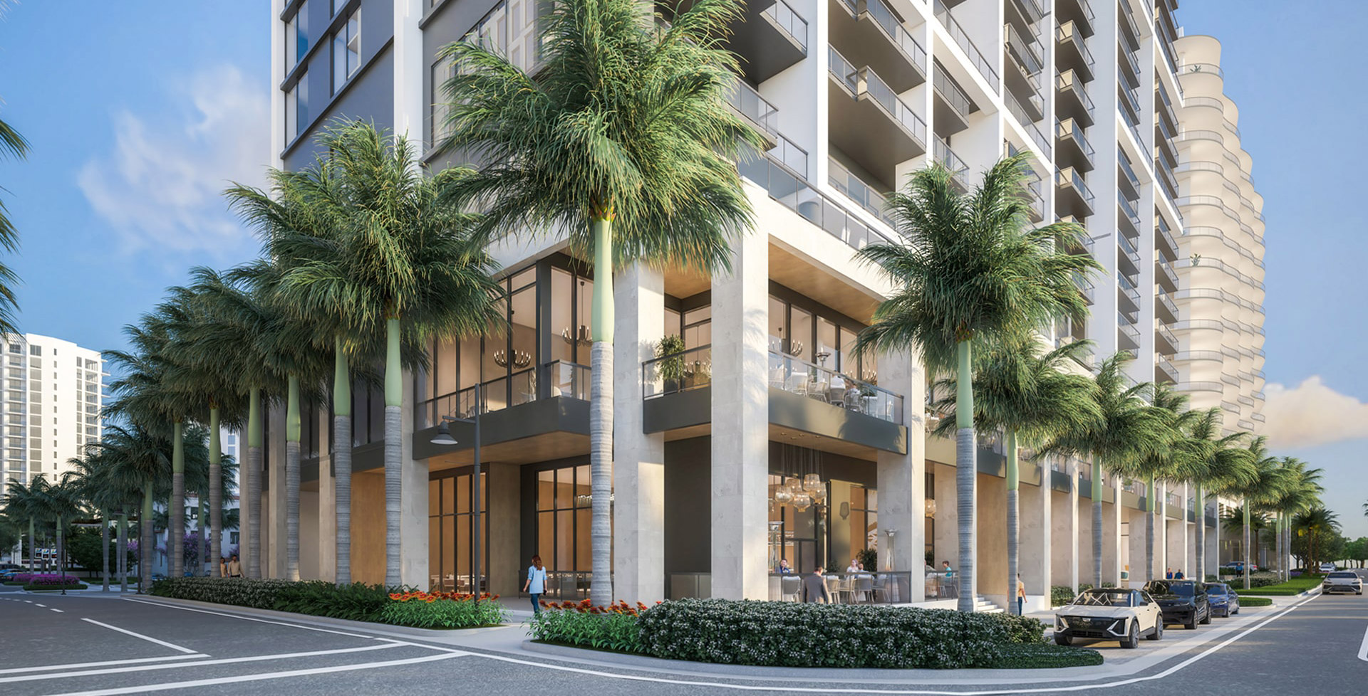 Social club room and dining amenities at 1000 Boulevard of the Arts Sarasota